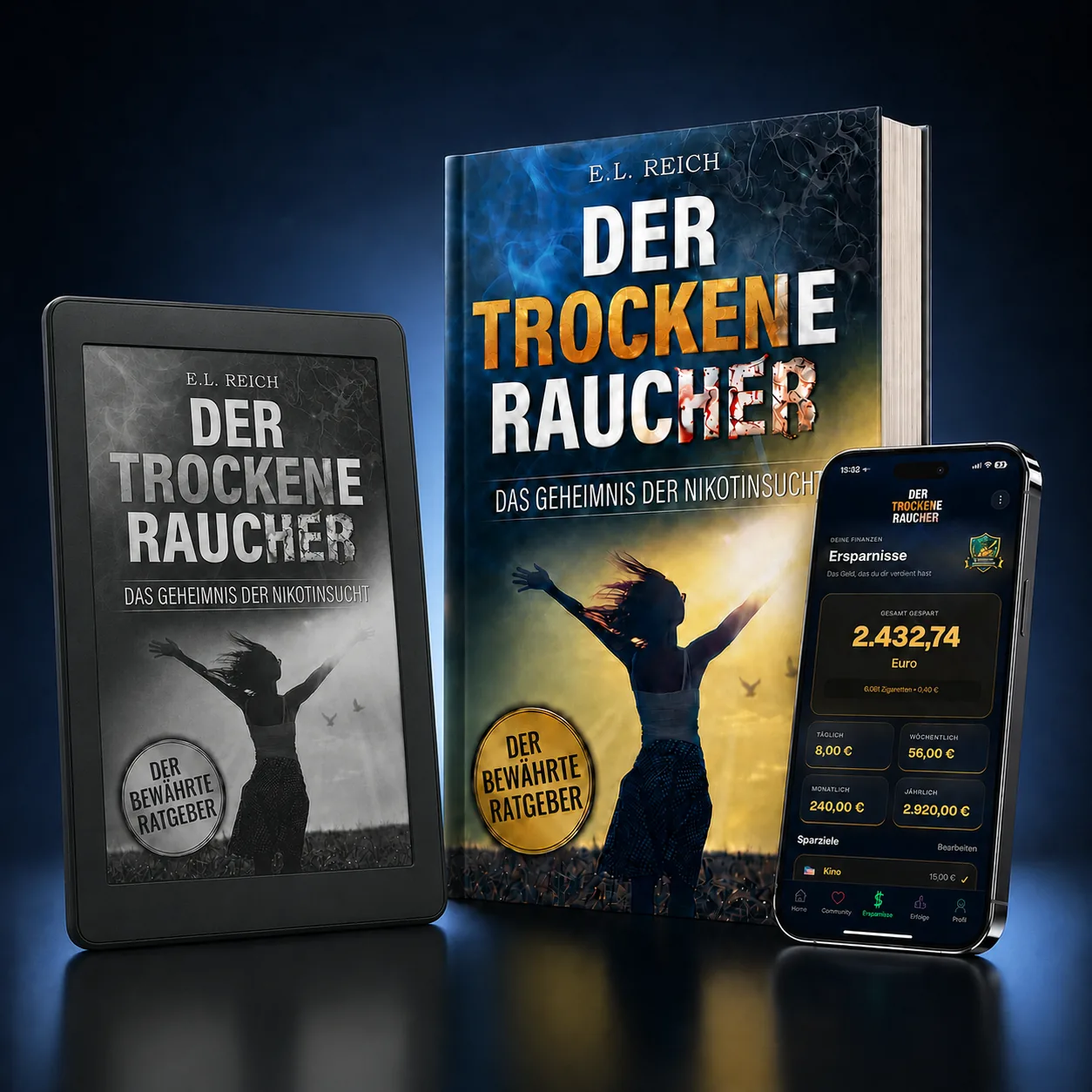 Der trockene Raucher als Taschenbuch, E-Book-Reader und App auf einem Smartphone